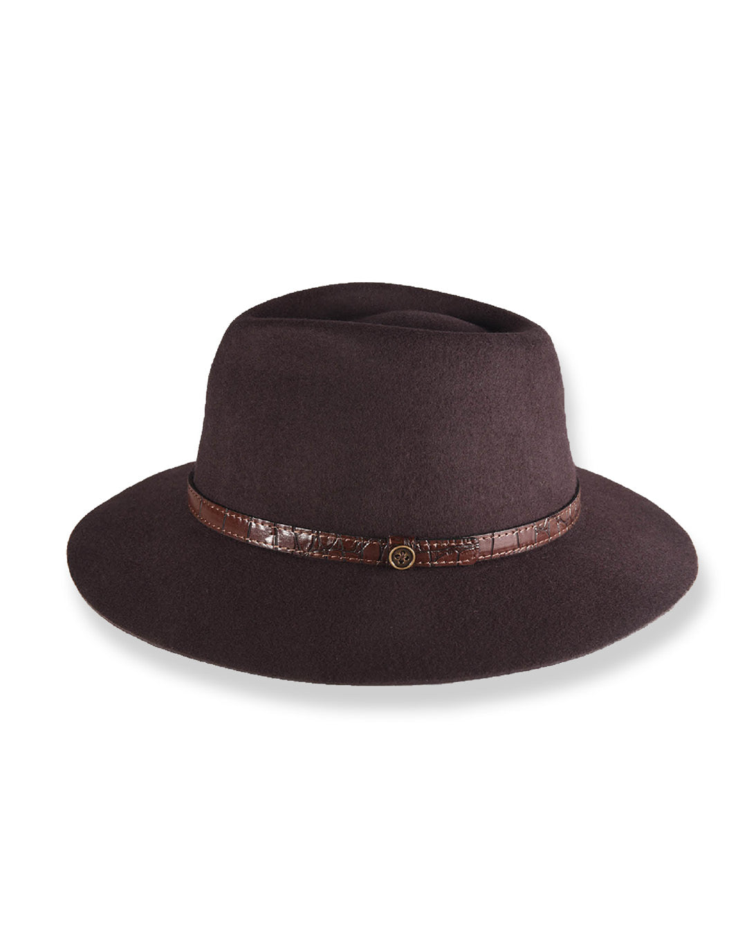 The Dingo Chocolate wool felt hat wide brim brown hat with structured crown and leather detail