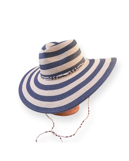The Paloma - Wide Brim Straw Hat in Navy Stripe