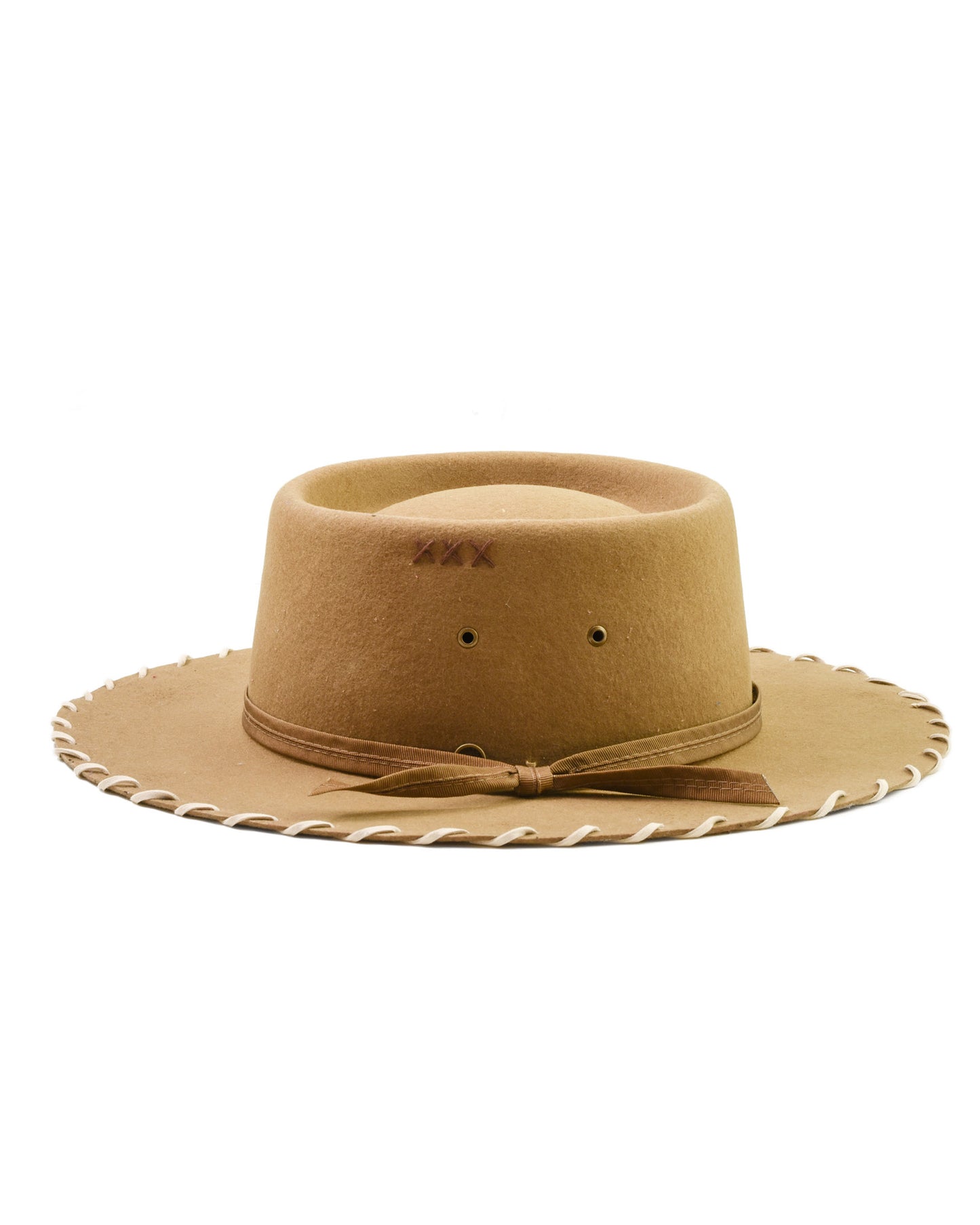 The Pathfinder Felt Hat by FallenBROKENstreet in camel wool felt. Features wide brim with whipstitch edge, grosgrain ribbon band, leather inner band, and triple X embroidery. A unisex Australian wool felt hat with UPF 50+ protection, perfect for festivals and outback adventures.