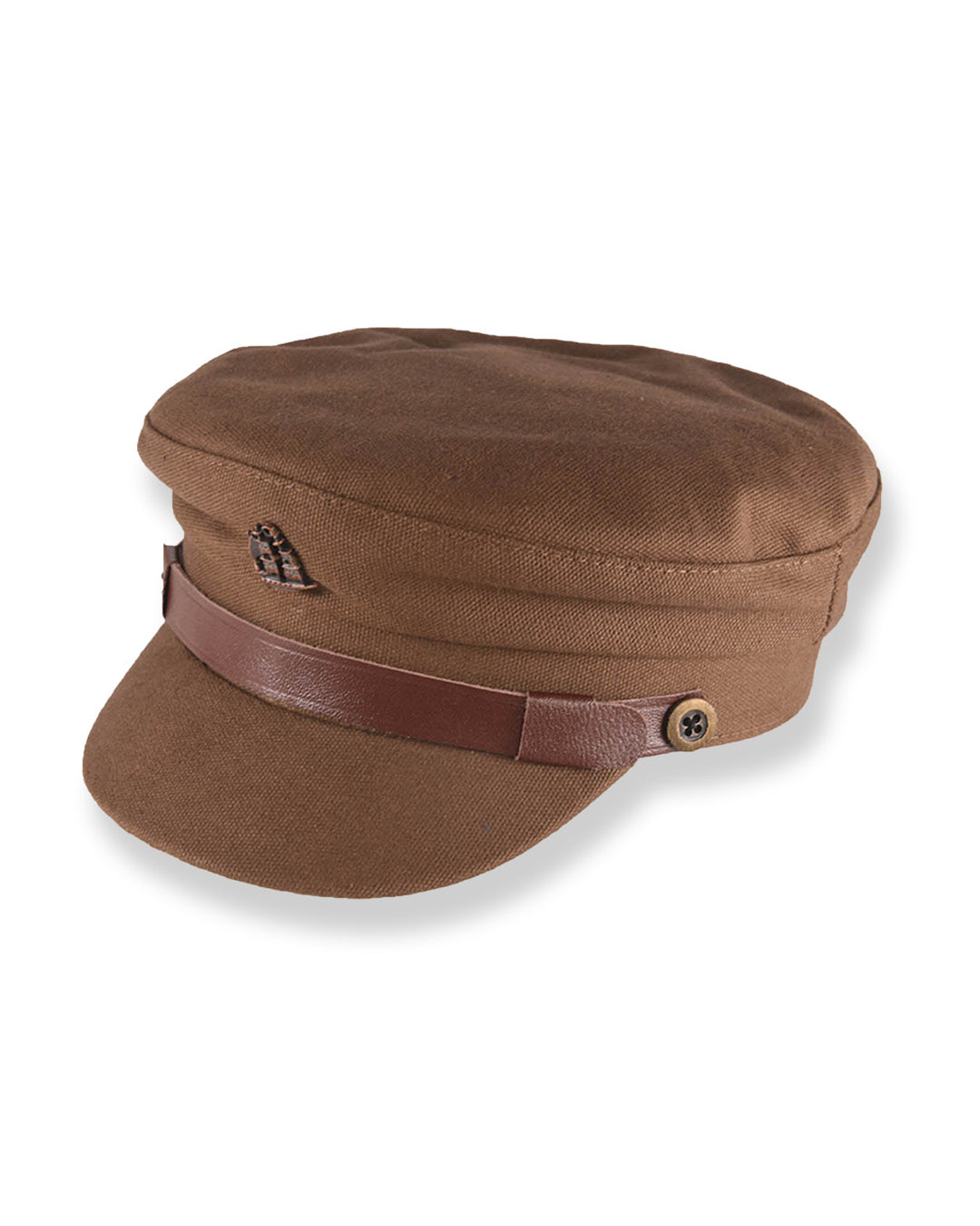 Brown cap with a leather strap on a white background