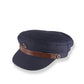 Navy blue cap with a brown leather band on a white background