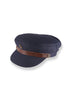 Navy blue cap with a brown leather band on a white background