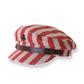 Red and white striped cap with a brown band on a white background