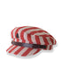 Red and white striped cap with a brown band on a white background