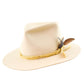 Cream wool felt hat with wide brim, frayed mustard band, and feather trim – The Coast by Fallenbrokenstreet.