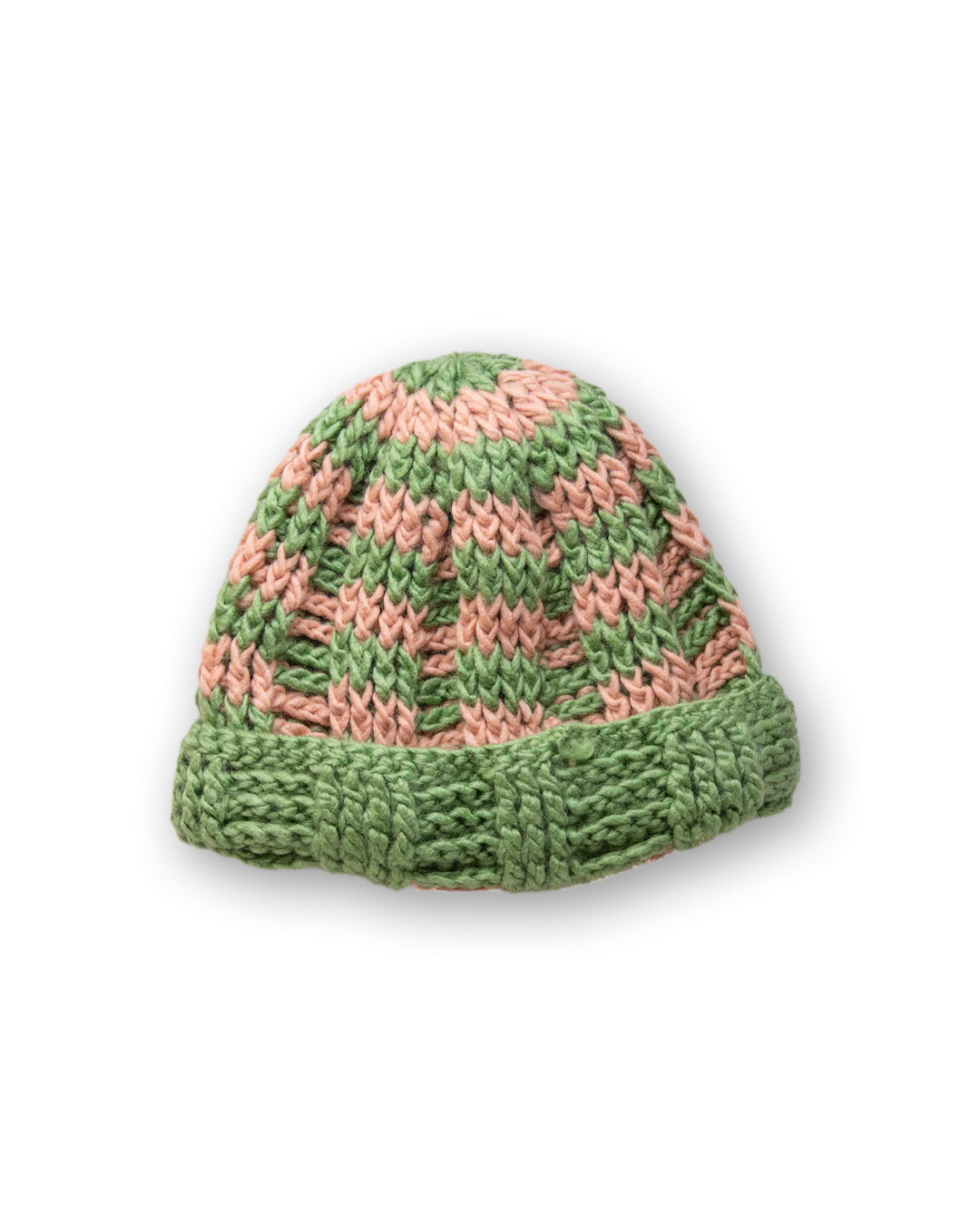 The Transcend Stripes Beanie green beige detail image highlighting fold-over cuff and knit construction
