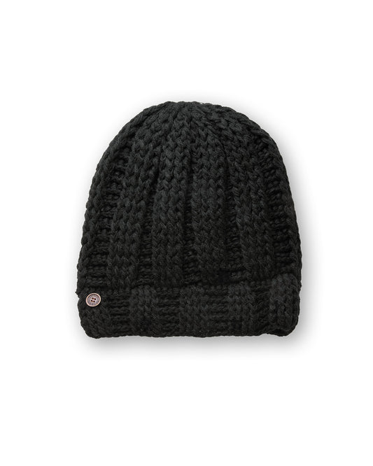 The Transcend Classic Beanie black worn beanie showing above-ear fit and structured fisherman silhouette