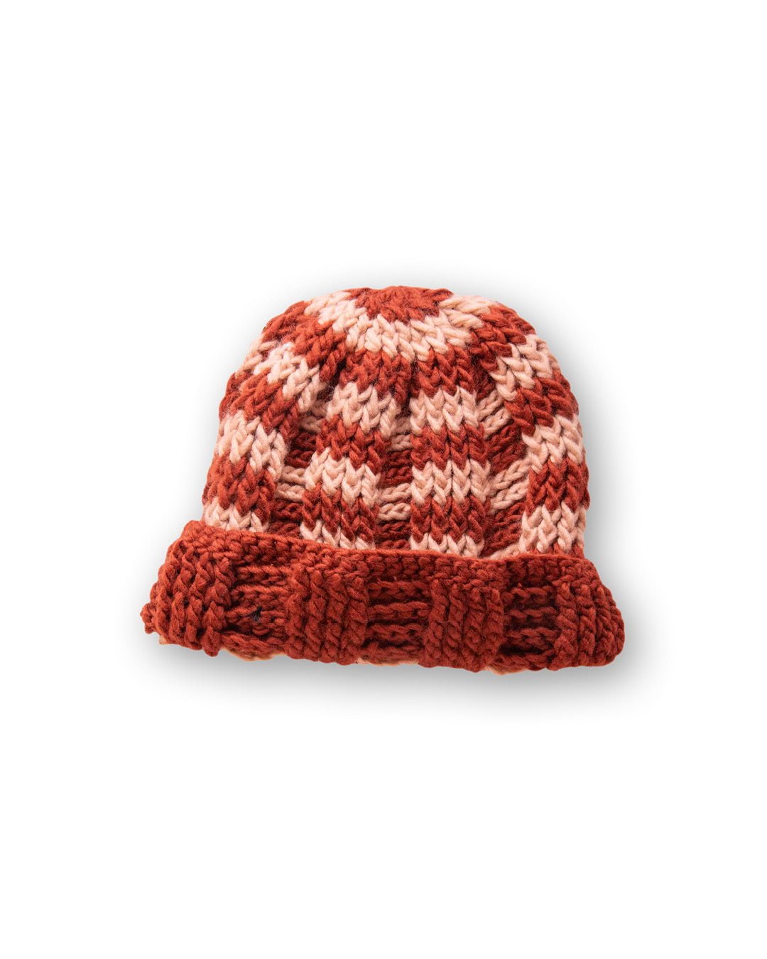 The Transcend Stripes Beanie maroon beige detail image highlighting fold-over cuff and knit construction