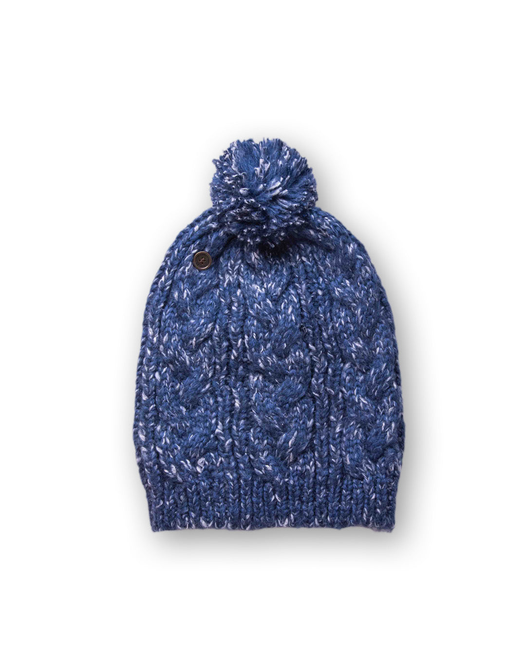 The Consciousness Beanie speckled blue worn beanie showing comfortable stretch fit and cosy cable knit construction
