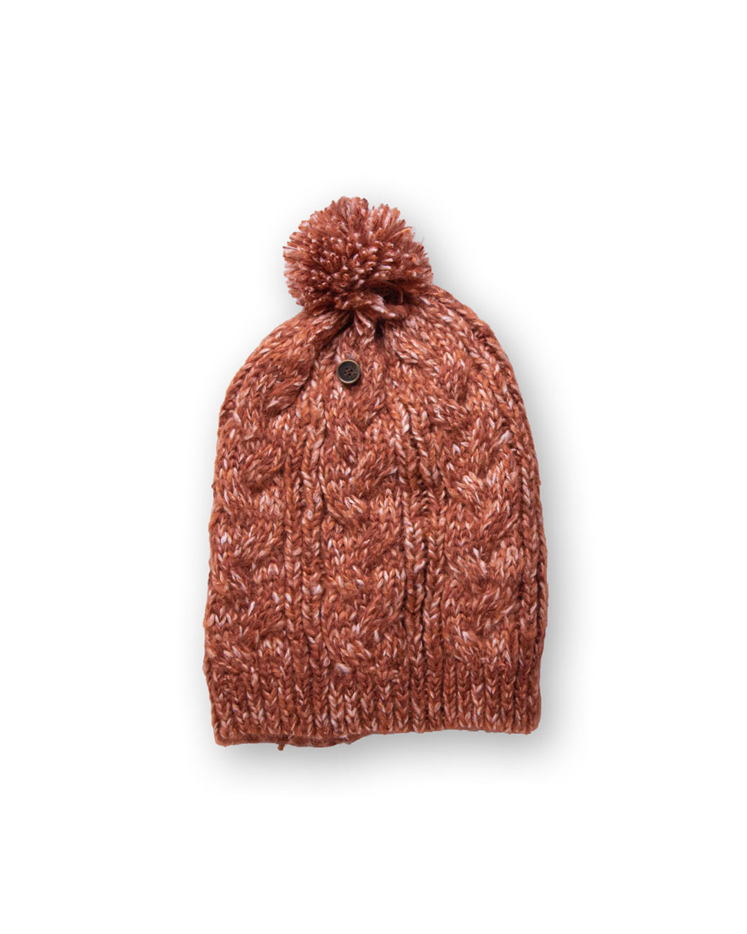 The Consciousness Beanie orange marle worn beanie showing comfortable stretch fit and cosy cable knit construction