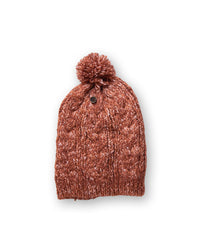 The Consciousness Beanie orange marle worn beanie showing comfortable stretch fit and cosy cable knit construction
