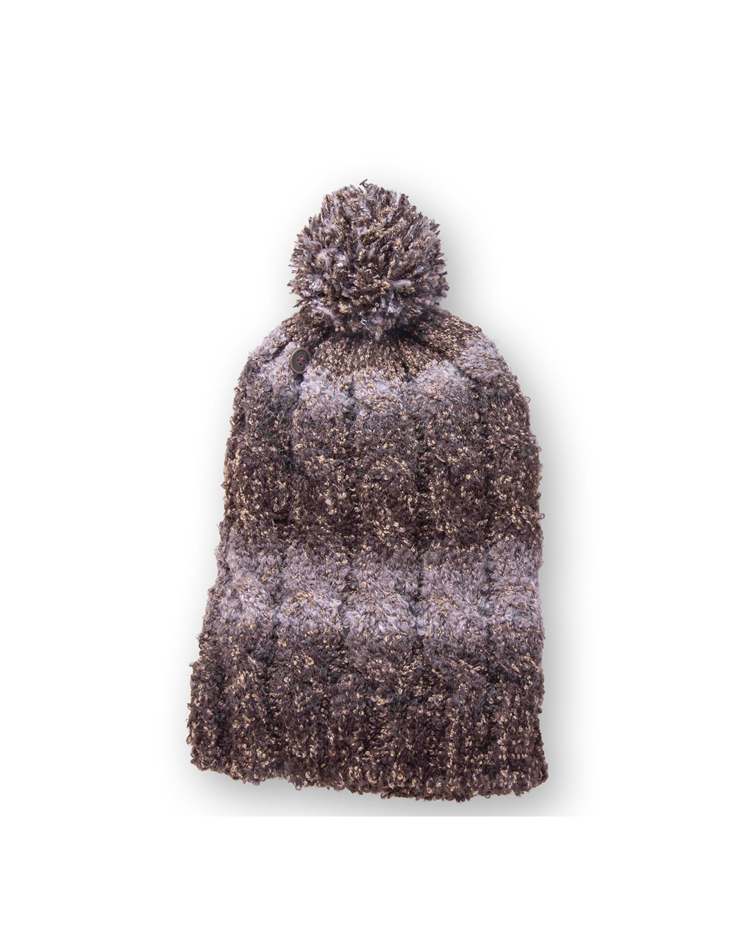 •The Cosmic Dust Beanie chocolate product shot on neutral background showing slouchy silhouette and rich tone