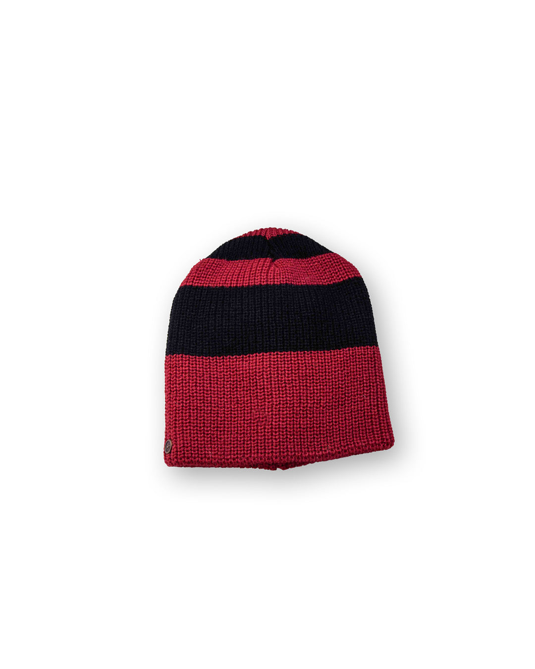 The Wally Beanie red black product shot on neutral background showing short shape and strong colour contrast