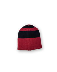 The Wally Beanie red black product shot on neutral background showing short shape and strong colour contrast