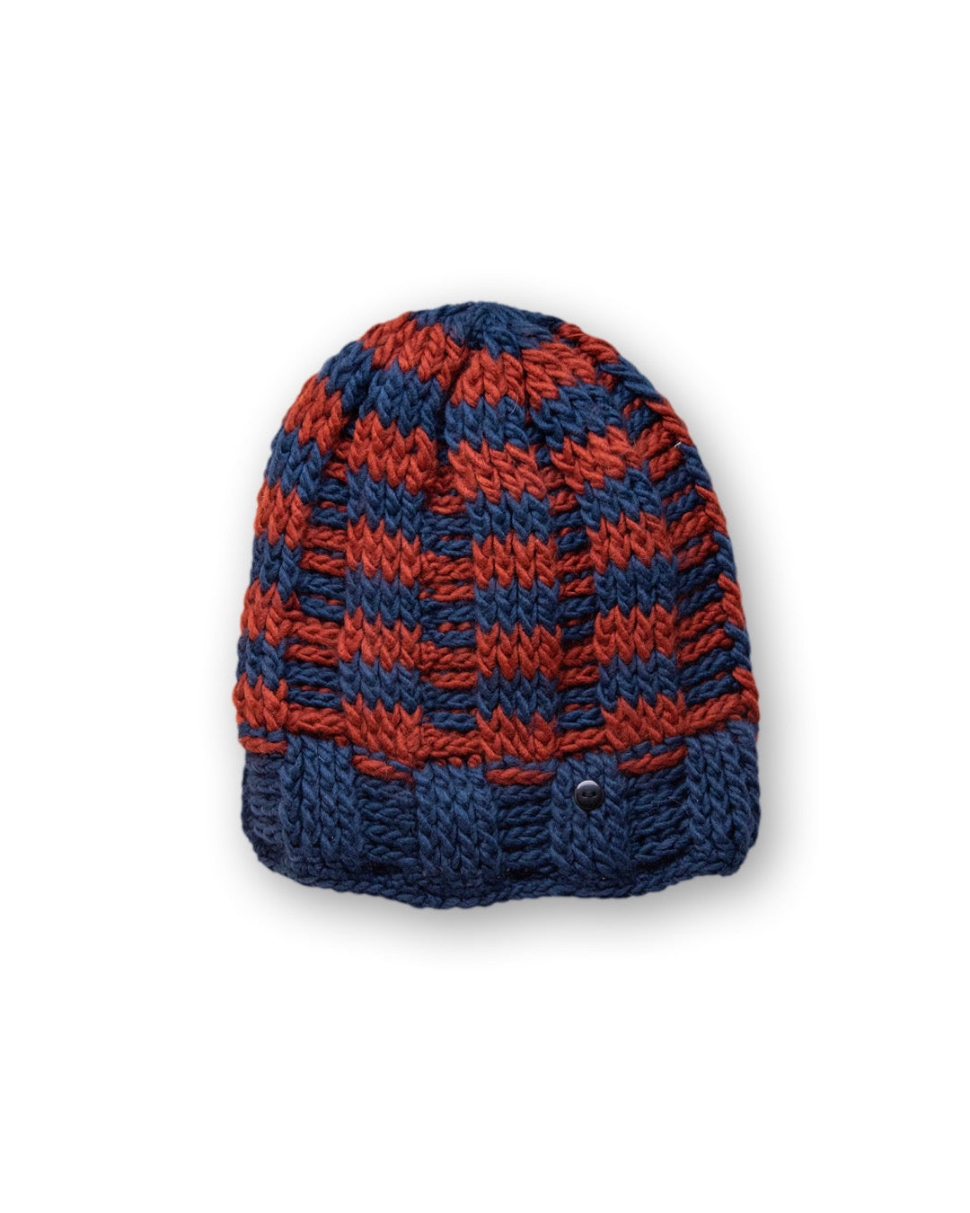 The Transcend Stripes Beanie blue red close-up showing textured knit and bold stripe pattern detail