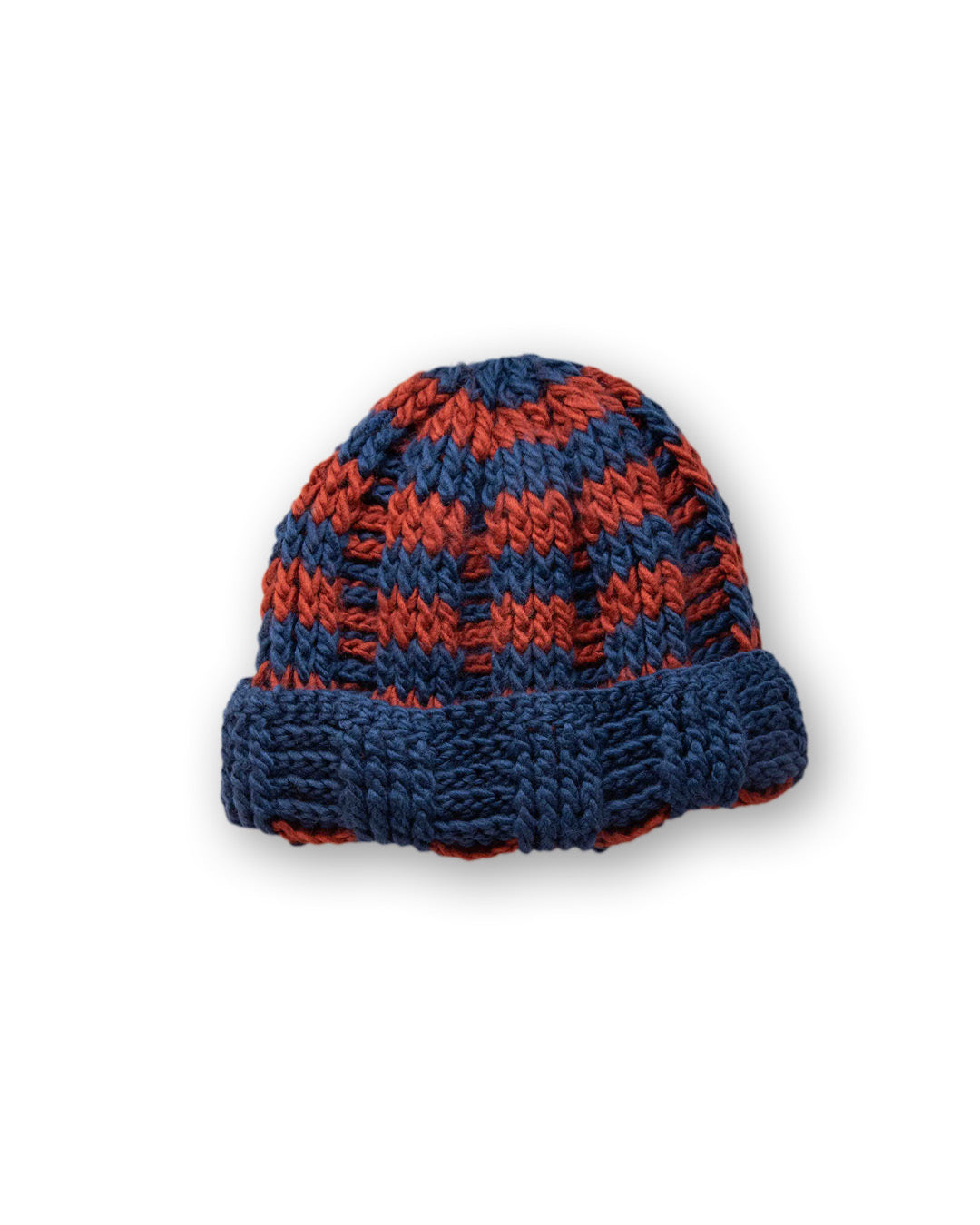 The Transcend Stripes Beanie blue red product shot on neutral background showing compact shape and colour contrast