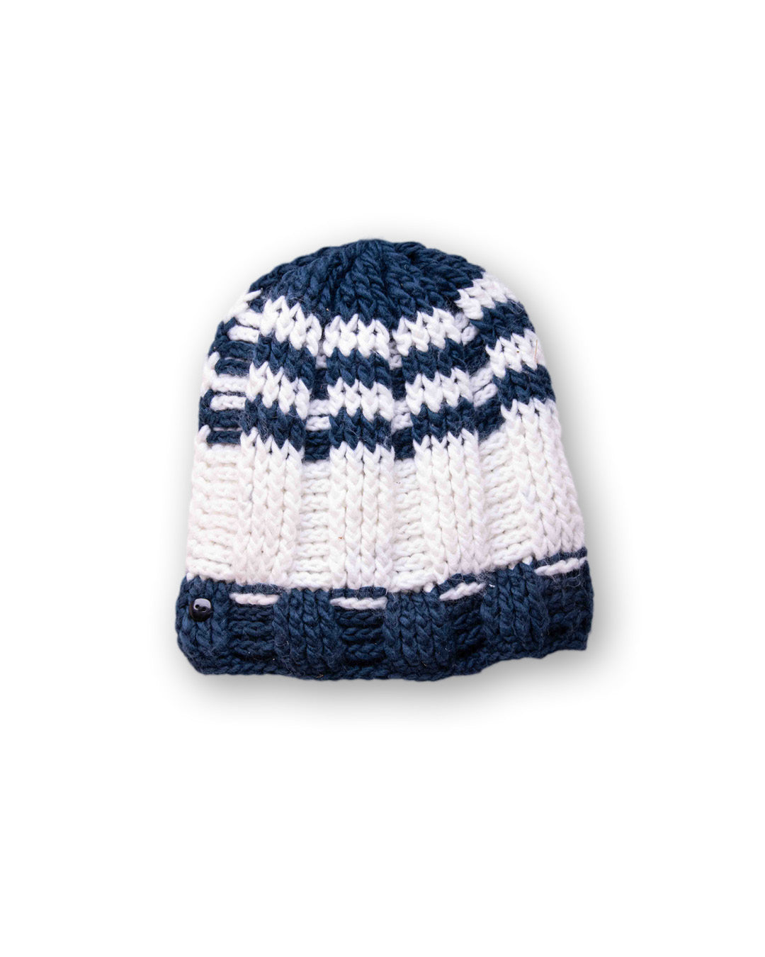 he Transcend Classic Beanie navy white product shot on neutral background showing compact shape and classic tones