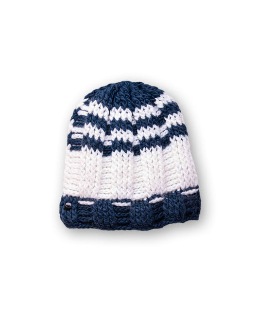 he Transcend Classic Beanie navy white product shot on neutral background showing compact shape and classic tones