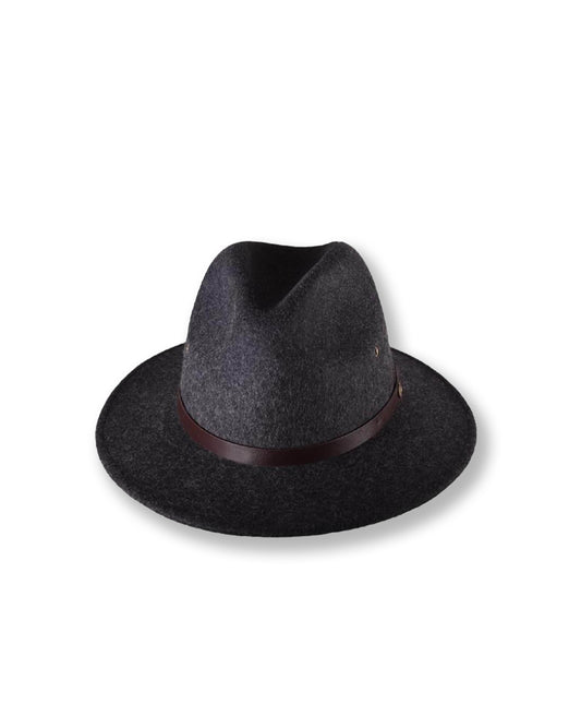 Dark gray fedora hat with a brown band on a white background
