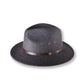 Gray fedora hat with a brown leather band on a white background