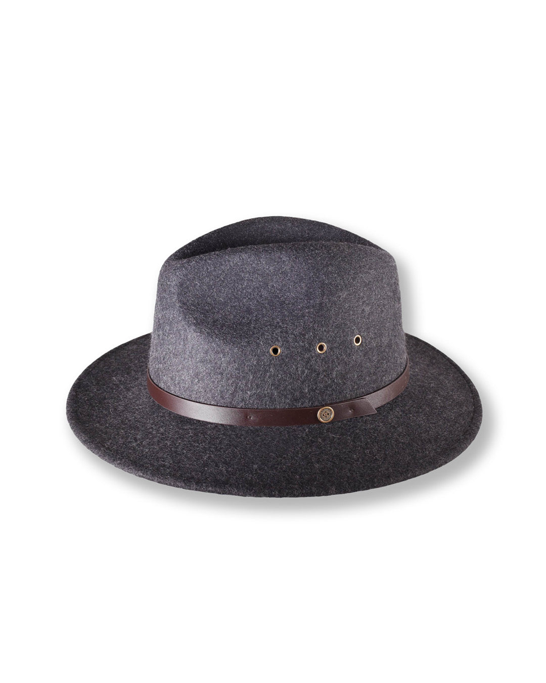 Gray fedora hat with a brown leather band on a white background