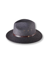 Gray fedora hat with a brown leather band on a white background