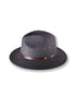 Gray fedora hat with a brown leather band on a white background