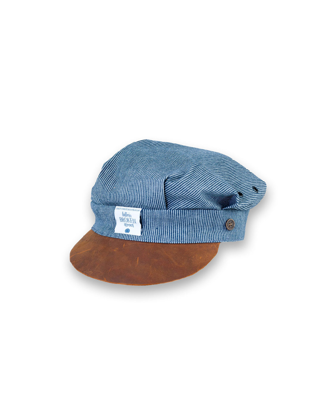 Blue cap with brown visor on a white background