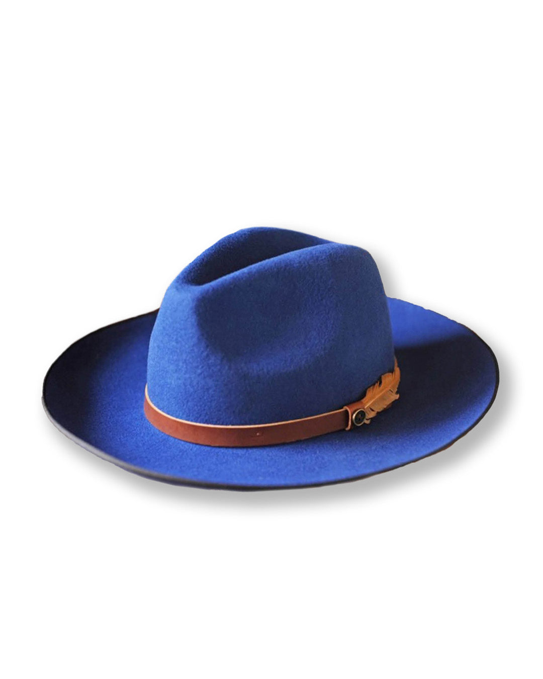 Blue fedora hat with a brown band on a white background