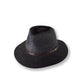 Dark gray fedora hat with a brown band on a white background
