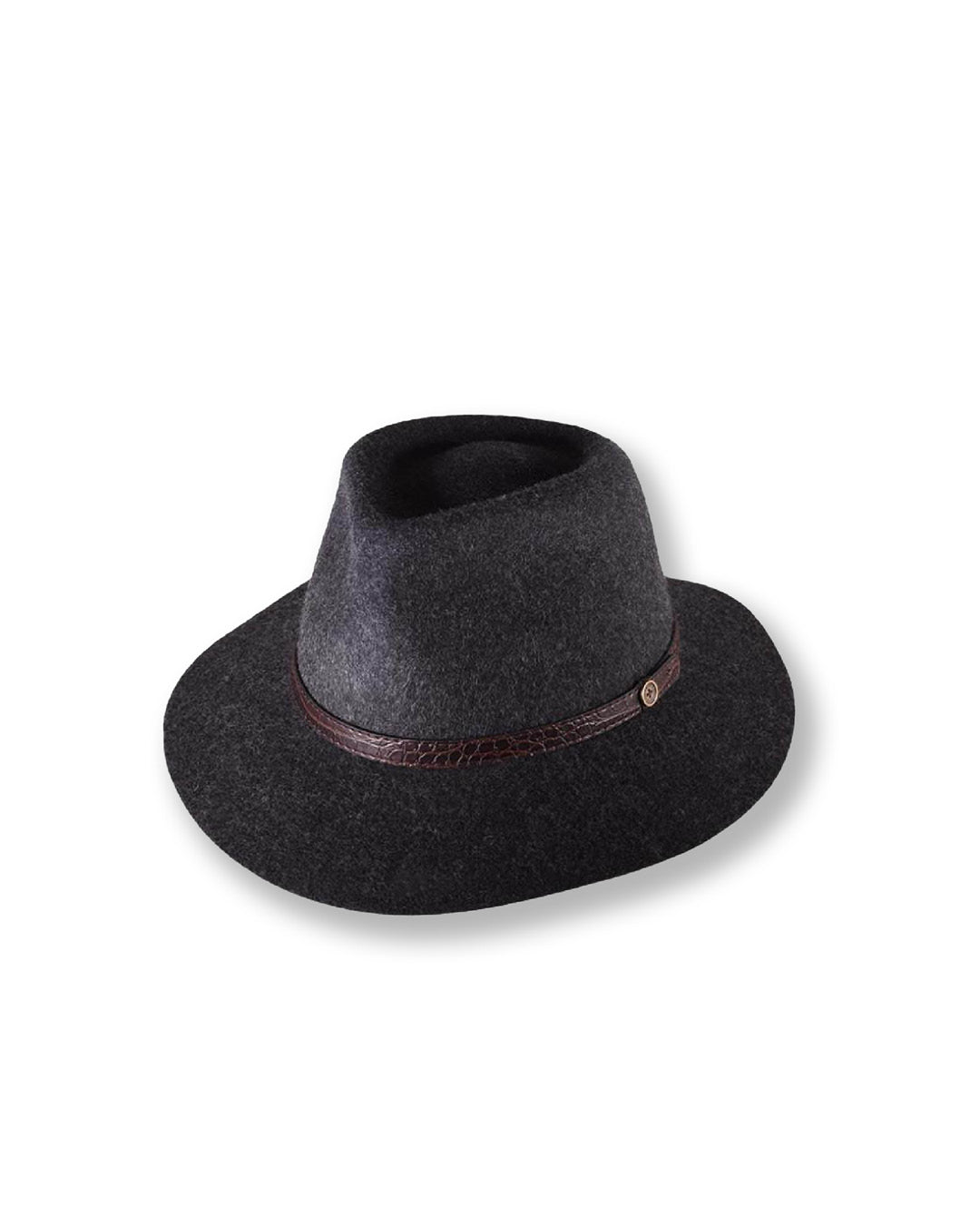 Dark gray fedora hat with a brown band on a white background