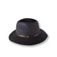 Dark gray fedora hat with a brown leather band on a white background