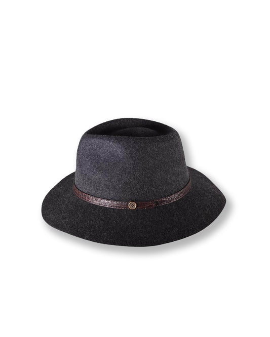 Dark gray fedora hat with a brown leather band on a white background