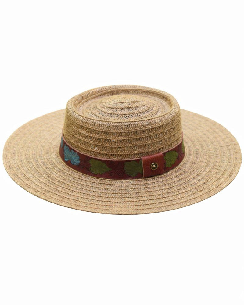 Straw hat with a decorative band on a white background