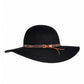 Black wide-brimmed hat with decorative band on a white background