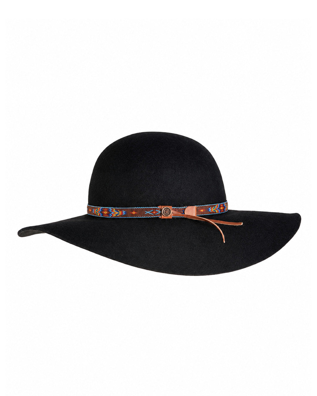 Black wide-brimmed hat with decorative band on a white background