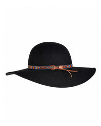 Black wide-brimmed hat with decorative band on a white background
