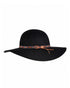 Black wide-brimmed hat with decorative band on a white background