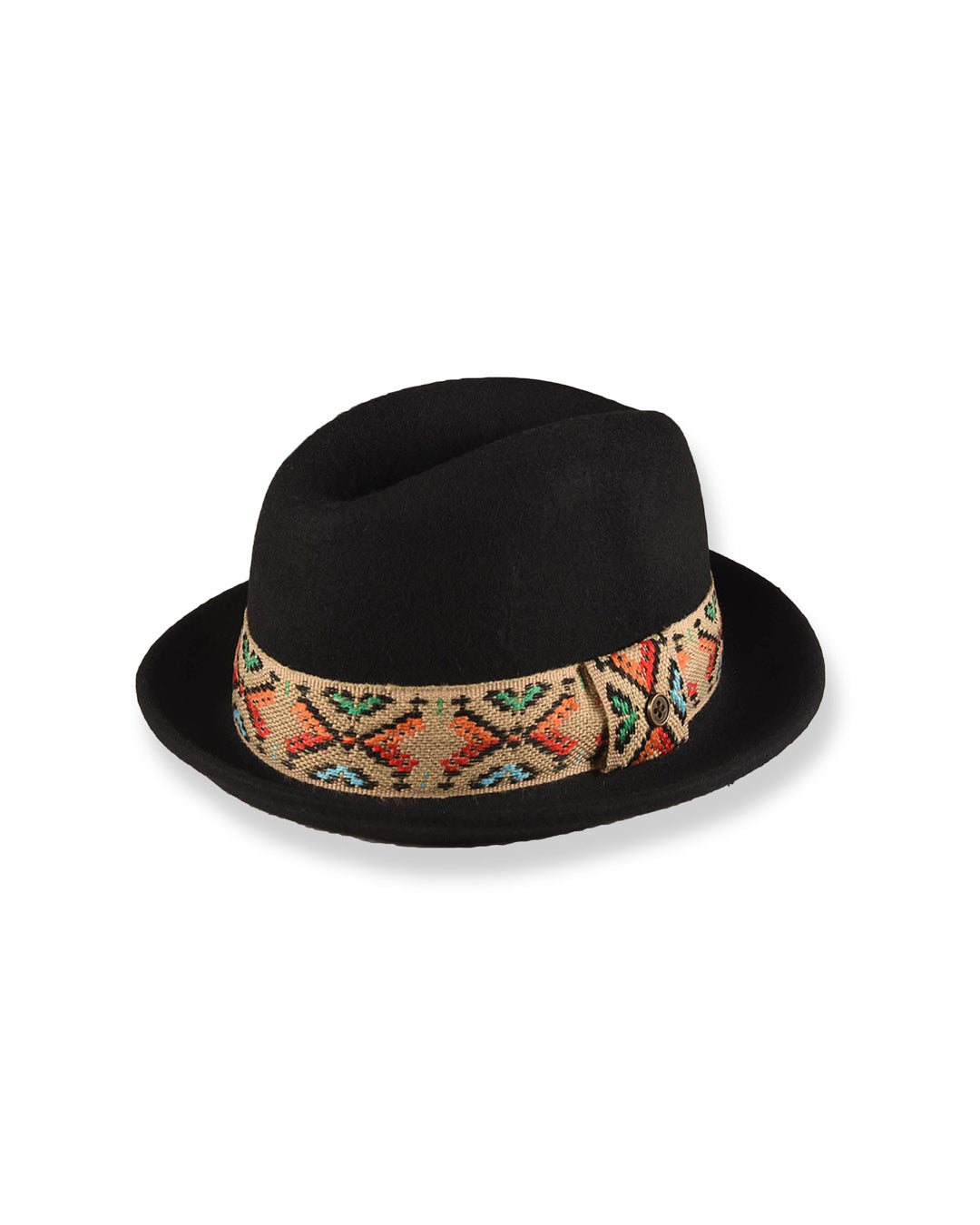 Black fedora hat with a colorful woven band on a white background