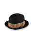 Black fedora hat with a colorful woven band on a white background