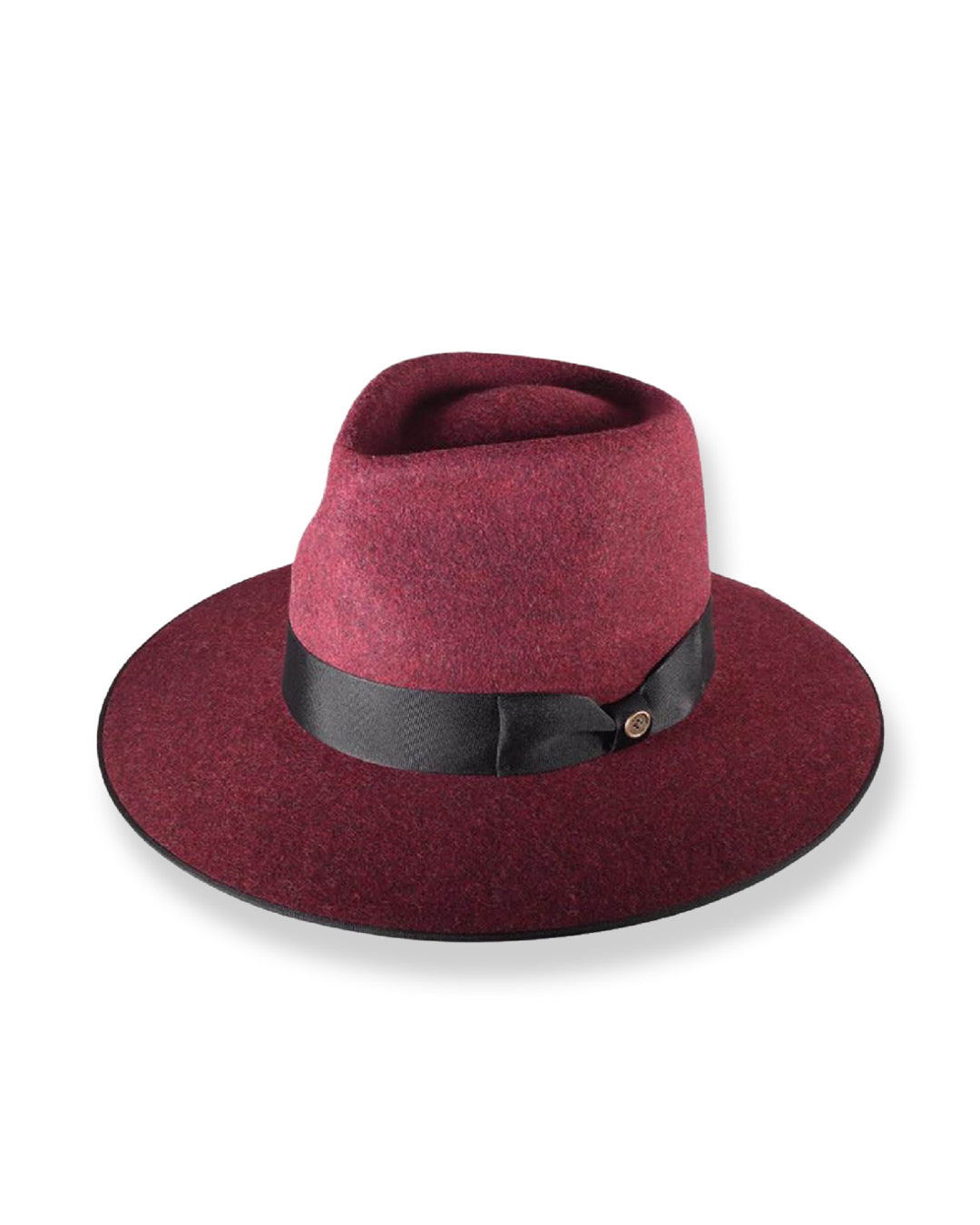 Maroon fedora hat with a black band on a white background