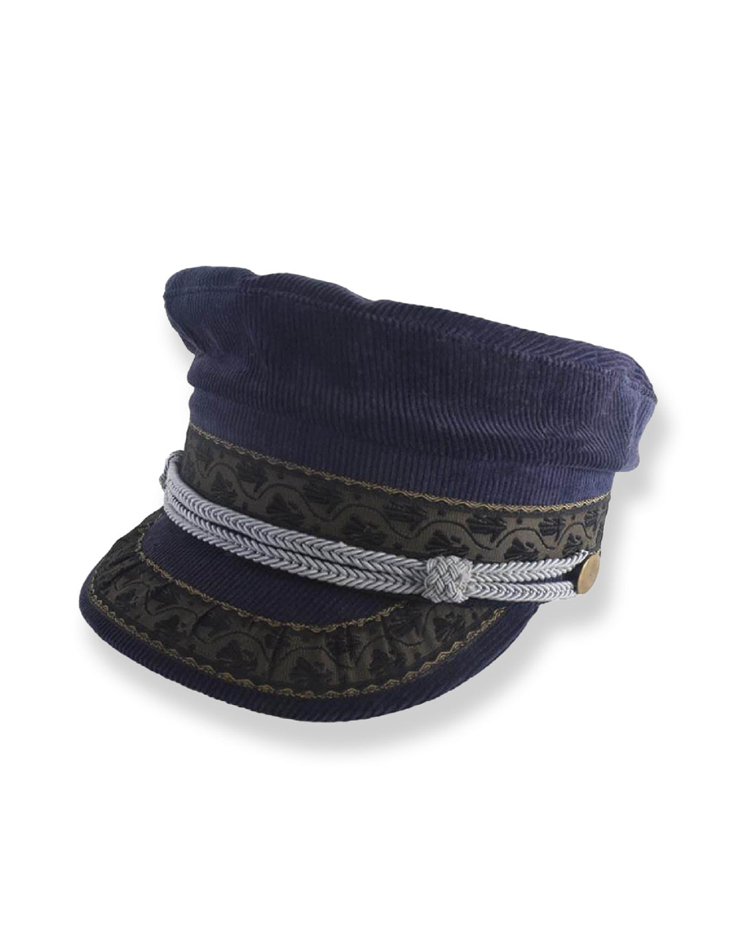 Navy blue cap with decorative band on a white background