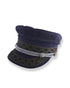 Navy blue cap with decorative band on a white background
