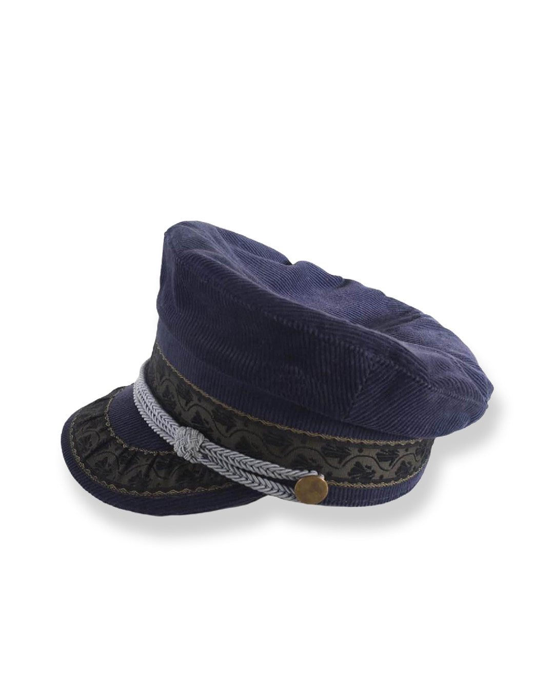 Navy blue cap with a patterned band on a white background