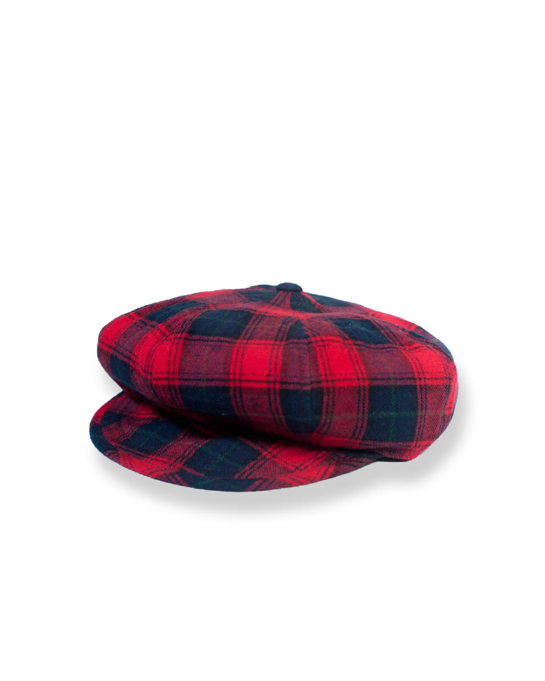 Red and black plaid beret on a white background