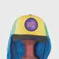 Main frontal view – FBS x Single Fin Mingle surf cap with embroidered patch and blue neck cape, limited edition festival hat.

