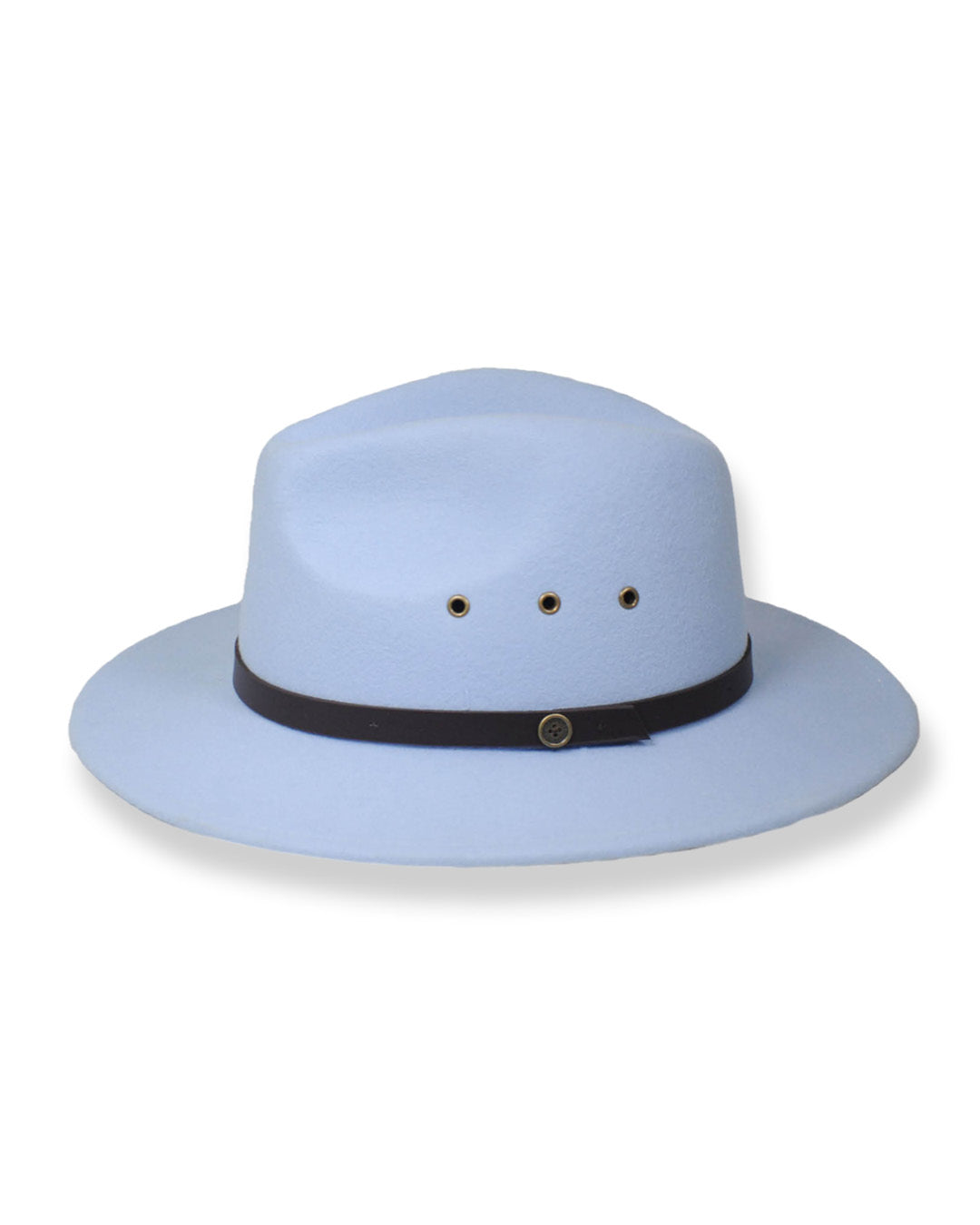 Light blue hat with a black band on a white background