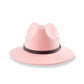 Pink fedora hat with a black band on a white background