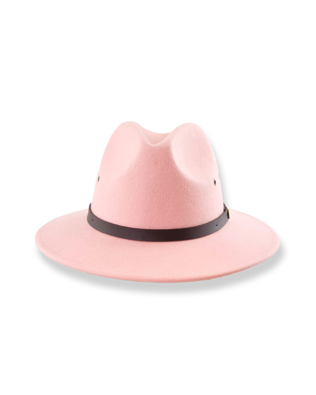 Pink fedora hat with a black band on a white background