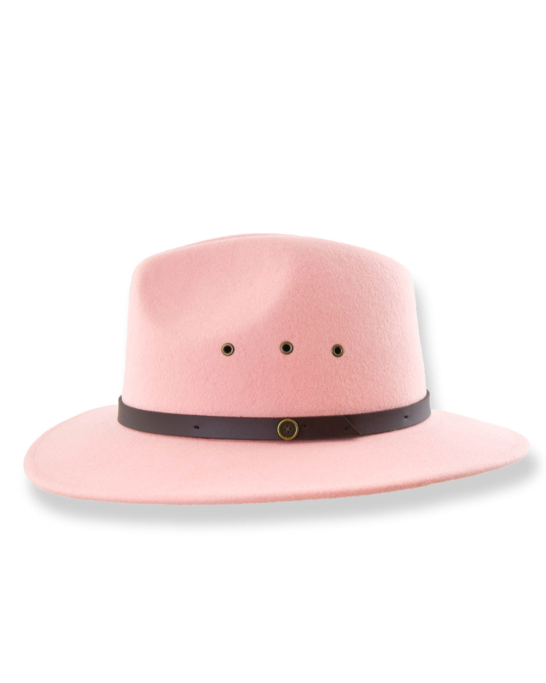 Pink hat with a brown band on a white background